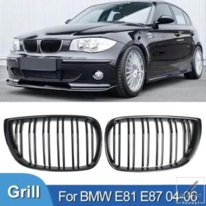 車用グリル フロントキドニーグリル レーシンググリル グロスブラックグリル オートABSダブルスラットグリル BMW E81 E87 120D 120I 130I 04-06用 部品 カス