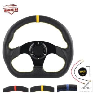 汎用 6穴 13インチ 320MM レザー フラットドリフト レーシングステアリングホイール Dシェイプ ホーンボタン 自動車内装アクセサリー 部品 カスタムパーツ