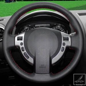 日産 キャシュカイ J10 X-TRAIL NV200 2008-2012年式用 ブラック本革ハンドステッチカーステアリングホイールカバー カーアクセサリー 部品 カスタムパーツ