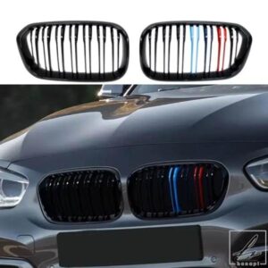 1 ペアフロントグリル BMW 1 シリーズ F20 F21 2016 2017 グロスブラックキドニーグリル交換レーシングフロントバンパーグリル