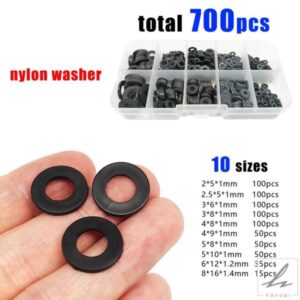 合計500/700個 M2 M2.5 M3 M4 M5 M6 M8 ホワイト ブラック プラスチック ナイロン 平ワッシャー プレーン 絶縁ガスケット リング アソートキット セット