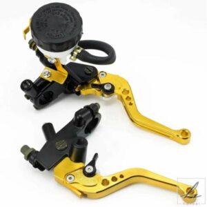 2PCS 22MM アルミ製 オートバイ クラッチ ブレーキ マスターシリンダー リザーバー レバー キット フルード リザーバー セット ゴールド ブルー レッド
