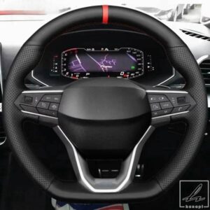 滑り止めソフトステアリングホイールカバー ブラックレザー レッドマーカー SEAT LEON IV ATECA TARRACO 2020-2022 IBIZA 6F ARONA 2021-2022用
