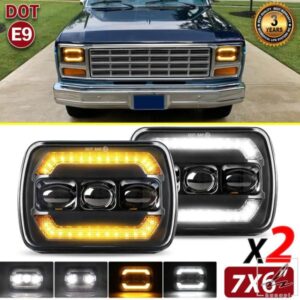 UNI-SHINE 5X7インチ 車用LEDヘッドライト DOT E9 ホワイト アンバー DRL ハイロービーム HDレンズ ウィンカー 車 トラック オフロード 12V 24V用 部品 カス