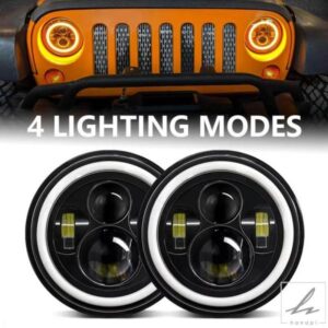 2個入り汎用7インチLED車用オートバイヘッドライトDRL H4ラウンドヘッドランプアンバーウィンカー付きハーレーヤマハホンダヘッドライト用 部品 カスタムパ