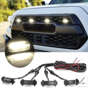 汎用 4個 車用 フロント LED グリル ストロボ ライト ハザード デイ ランニング ランプ グリル ライト イーグル アイ ランプ オフロード用 ホワイト アンバ